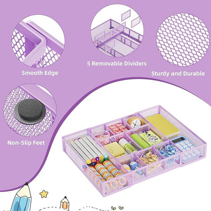 Marbrasse Expandable Desk Drawer Organizer, Mesh Drawer Organizer Tray with 10 Adjustable Compartments, Desk Organizers and Accessories for Office Supplies, Makeup & Vanity (Expandable-Purple)