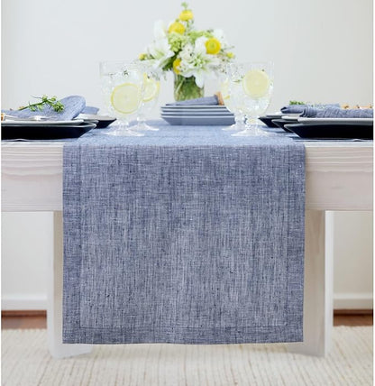 Solino Home Linen Short Table Runner 60 Inches - Athena, 100% Pure Linen Chambray Indigo Table Runner 14 x 60 Inch Ideal for Dresser and Coffee Tables - Christmas, Holiday, Winter, New Year
