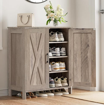 Farmhouse Shoe Cabinet with 2 Barn Doors & Wood Legs, 5-Tier Shoe Storage Cabinet with 3 Adjustable Shelves, Tall Shoe Rack Organizer for Closet, Shoe Organizer for Entryway, Hallway, Greige