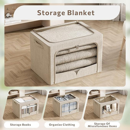 FHSQX 3 Pack Clothes Storage Bins Foldable Metal Frame Storage Box Extra Large Stackable Linen Fabric Organizer Set with Carrying Handles and Clear Window (Beige, 23.6x16.5x15.7inch(100L))