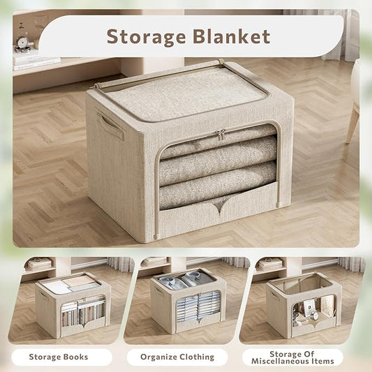 FHSQX 3 Pack Clothes Storage Bins - Foldable Metal Frame Storage Box - Stackable Linen Fabric Container Organizer Set with Carrying Handles and Clear Window (Beige, 19.7x15.7x13inch(66L))