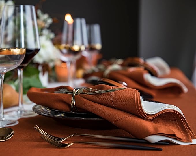 Solino Home Linen Napkins Set of 4 - Classic Hemstitch 100% Pure Linen Cinnamon Dinner Napkins Cloth 20 x 20 Inch for Fall, Autumn, Winter - Handcrafted and Machine Washable