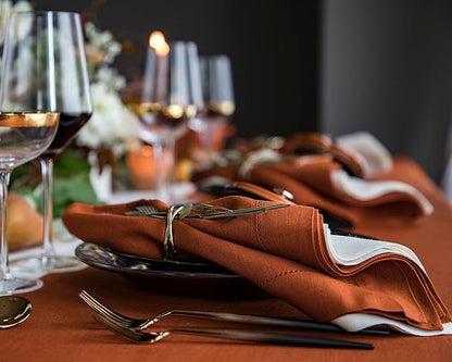 Solino Home Linen Napkins Set of 4 - Classic Hemstitch 100% Pure Linen Cinnamon Dinner Napkins Cloth 20 x 20 Inch for Fall, Autumn, Winter - Handcrafted and Machine Washable