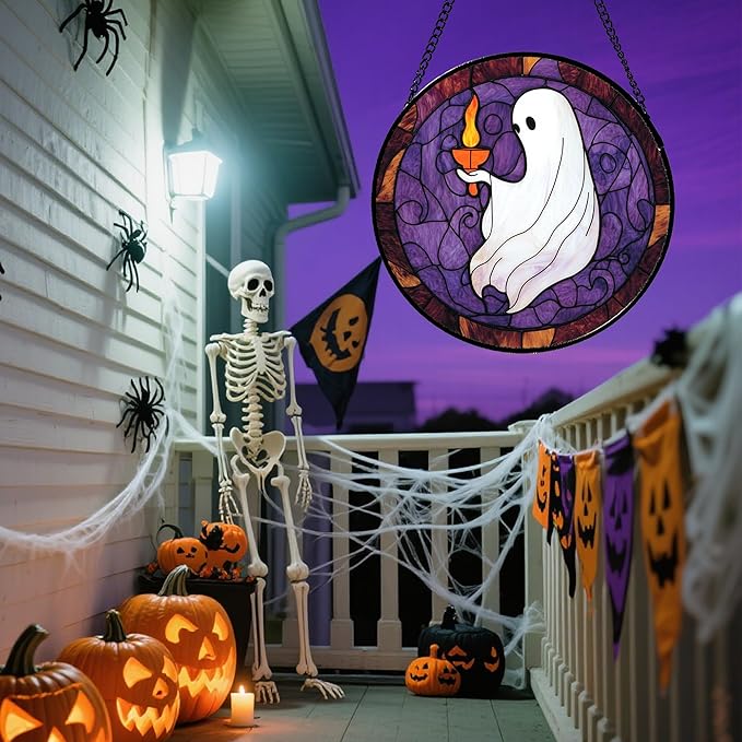 Stained Glass Window Hanging - Halloween White Ghost Purple Suncatcher for Doors Window Garden Spooky Candlelight Sun Catchers Gothic Decor Horror Gifts for Women Men Friend Boy Girl 7.8 in