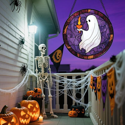 Stained Glass Window Hanging - Halloween White Ghost Purple Suncatcher for Doors Window Garden Spooky Candlelight Sun Catchers Gothic Decor Horror Gifts for Women Men Friend Boy Girl 7.8 in