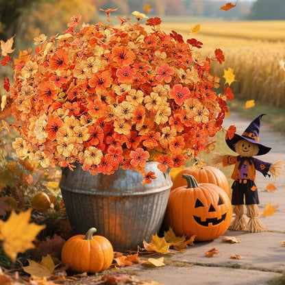 AmyHomie 16 Bundles Fall Orange Yellow Artificial Flowers for Outdoor Fall Decor UV Resistant Faux Flowers No Fade Fake Plastic Plants Garden Porch Window Box Decorating