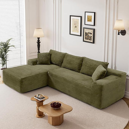 95" L Shaped Boneless Sectional Couches, Wide Armrest, Deep Seat, Memory Foam, Assembly Free, Modern Comfy Corduroy Fluffy Cloud Sofa with Left Chaise for Living Room, Small Spaces, Green