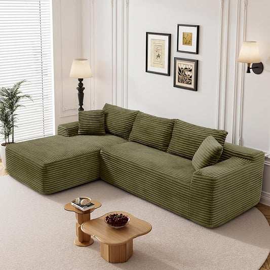 95" L Shaped Boneless Sectional Couches, Wide Armrest, Deep Seat, Memory Foam, Assembly Free, Modern Comfy Corduroy Fluffy Cloud Sofa with Left Chaise for Living Room, Small Spaces, Green