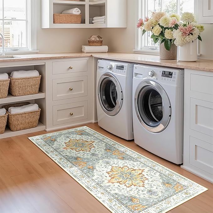 Area Rugs 2'x5' Runner Rug Non Slip Washable for Kitchen Hallway Bedroom Beside Laundry Room Bathroom Rug, Floor Carpet, Light Yellow Carbon Grey Orange