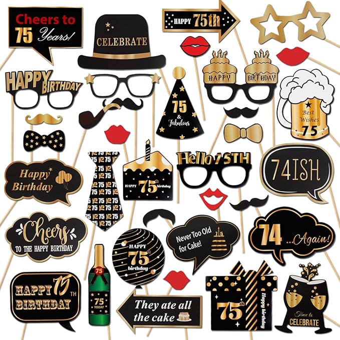 LINGTEER Happy 75th Birthday Party Photo Booth Props,Cheers to 75th Birthday 75th Years Old Bday Party Centerpieces Props Decorations Sign.