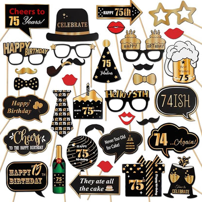 LINGTEER Happy 75th Birthday Party Photo Booth Props,Cheers to 75th Birthday 75th Years Old Bday Party Centerpieces Props Decorations Sign.