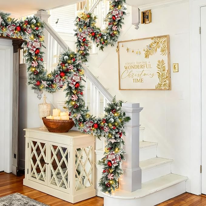 Christmas Garland with Lights 6.56FT Pre-Lit Flocked Garland with 50 LED Battery Operated 8 Lighting Modes - Red Berry & Christmas Ball Decor for Stairs Front Door Fireplace Christmas Decor
