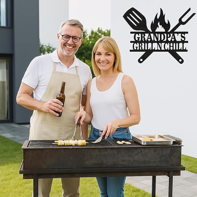 Personalized BBQ Patio Metal Sign, Custom Grill Cut Name Wall Decor for Backyard Kitchen, Rustic Outdoor Barbecue Gift