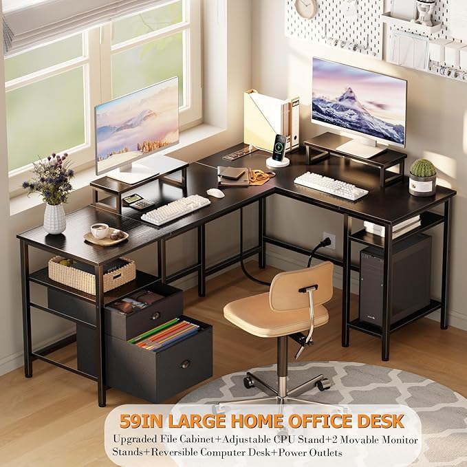 Furologee 59” L Shaped Desk with Power Outlet, Reversible Computer Desk with File Drawer & 2 Monitor Stands, Corner Home Office Table with Storage Shelves for Gaming Writing, Black