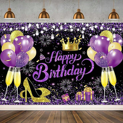YinQin 180x120 cm Glitter Purple Golden Happy Birthday Party Backdrops Cloth 71x47 inch Photography Bday Backgrounds Black Purple Gold Happy Birthday Sign Banner Decorations for Girl Women