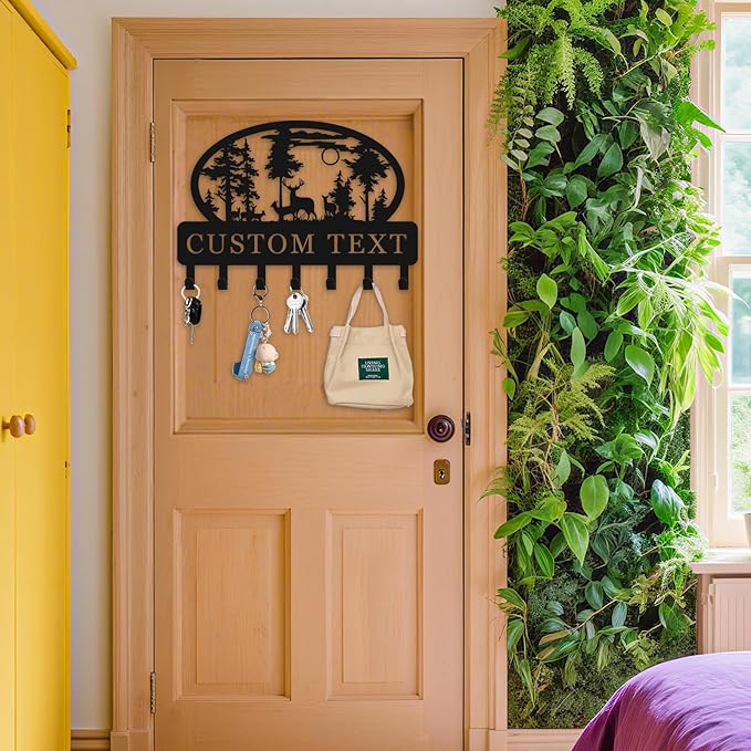 Personalized Key Holder for Wall, Decorative Key Rack with 5-12 Hooks, Rustic Deer Cabin Decor, Key Holder Wall Mounted for Bedroom, Kitchen, Entryway, Home Decor Aesthetic (06-Deer)