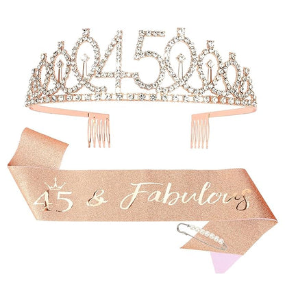 CIEHER 45th Birthday Crown and Sash, 45 & Fabulous Sash, 45th Birthday Decorations for Women - Rose Gold