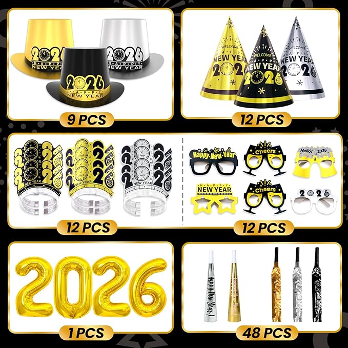 New Years Eve Party Supplies 2026 for 45 Guests, Happy New Years Decorations Party Favors Includes Top Hats, Tiaras, Glasses Accessories for Adults Kids Nye Decorations 2026