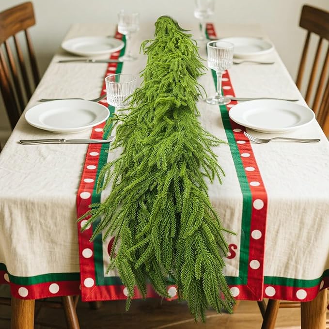 3pcs Christmas Garland, Artificial Norfolk Pine Garlands 2x6ft 1x9ft, Real Touch Garlands for Decoration Christmas, Christmas Garland for Table, Mantle, Wall, Fireplace(Green Norfolk Pine Garland)