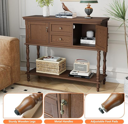 ARTPOWER Console Table for Entryway, Retro Wooden Entryway Table with Storage, with 2 Door & Drawers and Open Shelf, Behind Couch Sofa Table for Living Room, Foyer, Hallway, Brown