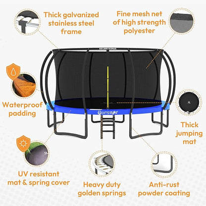 JUMPZYLLA Trampoline Outdoor 8FT 10FT 12FT 14FT 15FT 16FT with Enclosure and Ladder, ASTM Approved Recreational Trampoline for Kids and Adults, Anti-Rust Coated Frame