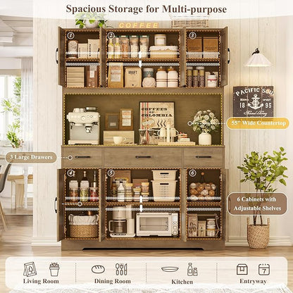 HOSTACK 71" Tall Pantry Cabinet with Charging Station, 55" Wide Kitchen Pantry Storage Cabinet with Countertop, Large Kitchen Hutch with Storage and Microwave Stand for Dining Room, Rustic Brown