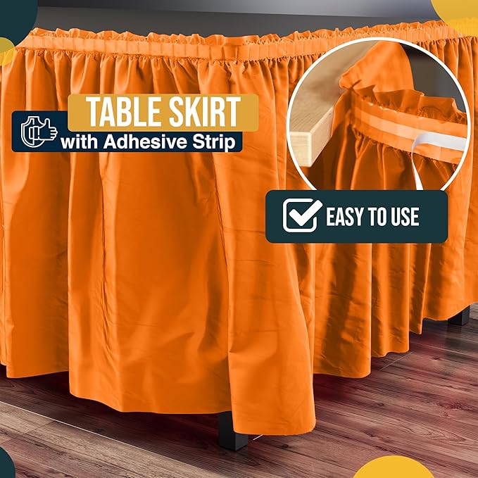 Exquisite Ruffle Table Skirt Orange 12 Pack 14 Ft Long Table Skirts for Rectangle Tables 6ft Plus or Round Tables Skirts with Adhesive Strip for Gender Reveal Decor & Happy Birthday Parties