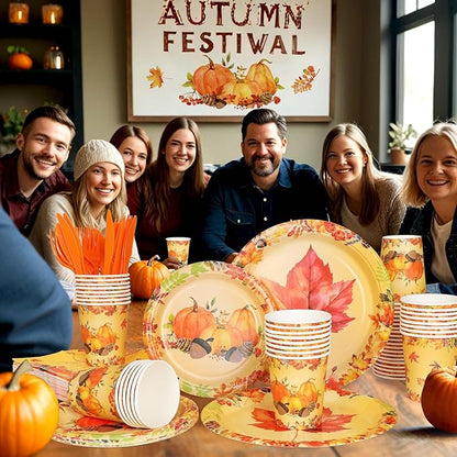 175 PCS Fall Maple Leaves Dinnerware Set Thanksgiving Party Supplies Pumpkin Tableware Include Paper Plates Cups Cutlery Napkins Autumn Harvest Disposable Dinnerware, Serve 25