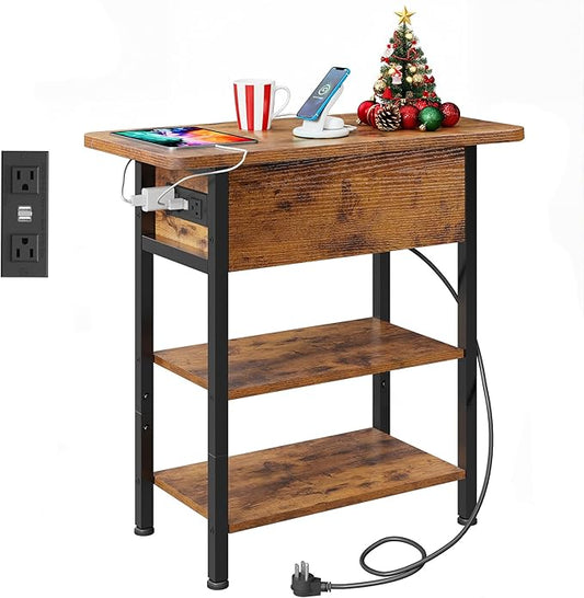 WLIVE End Table with Charging Station, Flip Top Narrow Side Table with Storage Shelf, Small Nightstand with USB Ports and Outlets,Bedside Table for Living Room, Bedroom,11.81" D x 23.62" W x 24.33" H