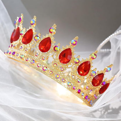 Red Crown for Women Crystal Tiara and Queen Crown for Girl Wedding Headband for Bride Hair Accessories for Costume Birthday Party Cake Decoration Prom