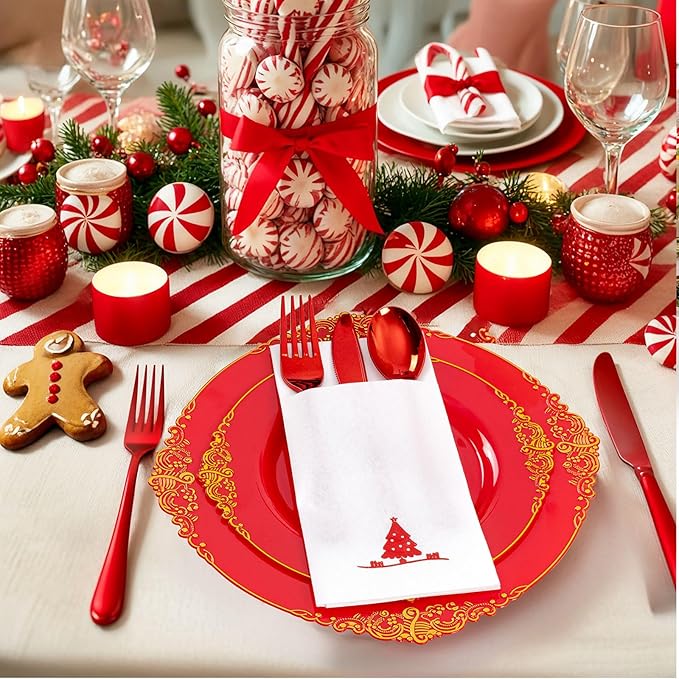 100PCS Christmas Paper Napkins - Red Christmas Tree Napkin with Built-in Flatware Pocket Prefolded Cloth-Like - Heavy-duty Linen-Feel Dinner Napkins Disposable for Xmas Events Tableware Decor