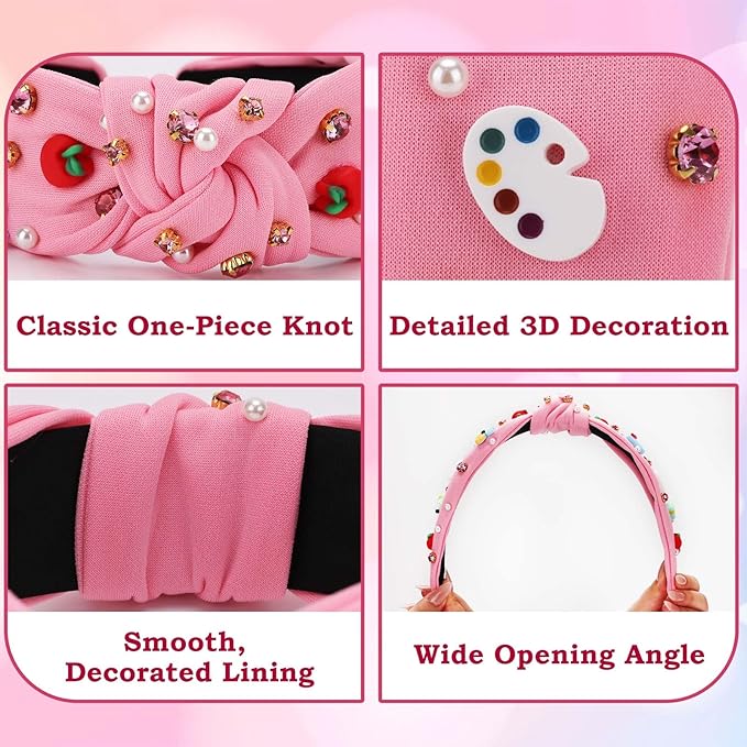 Teacher Headbands for Women, Teacher Appreciation Gifts, Pearl Rhinestone Back to School Headband for Girls, Jeweled Top Knot Embellished Hairband, Teacher Hair Accessories Outfits (Pink)