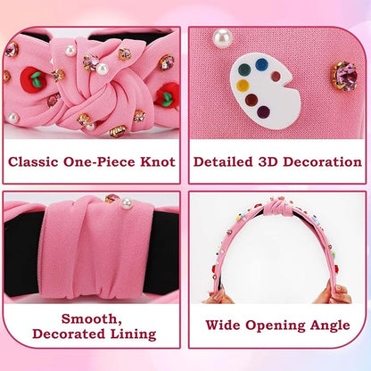 Teacher Headbands for Women, Teacher Appreciation Gifts, Pearl Rhinestone Back to School Headband for Girls, Jeweled Top Knot Embellished Hairband, Teacher Hair Accessories Outfits (Pink)