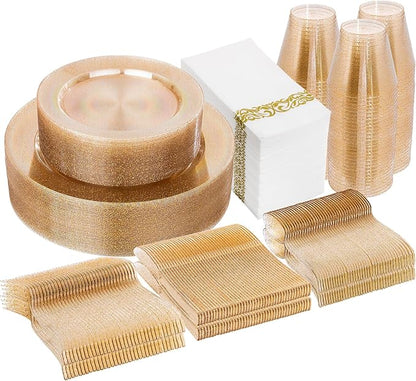 I00000 350 Pcs Gold Glitter Plastic Dinnerware Set for 50 Guests, Plastic Disposable Plates for Party, Include: 50 Dinner Plates,50 Dessert Plates,50 Paper Napkins, 50 Cups, 50 Silverware Set