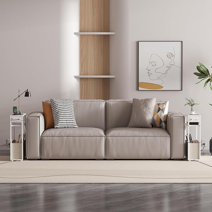 White Side Table with Charging Station, Slim End Tables with Linen Basket, Skinny Table for Small Spaces, Thin Bedside Table for Living Room, Bedroom