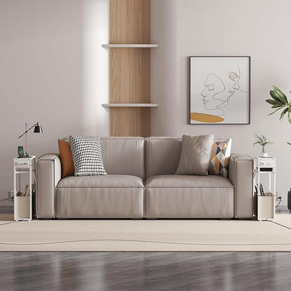 White Side Table with Charging Station, Slim End Tables with Linen Basket, Skinny Table for Small Spaces, Thin Bedside Table for Living Room, Bedroom