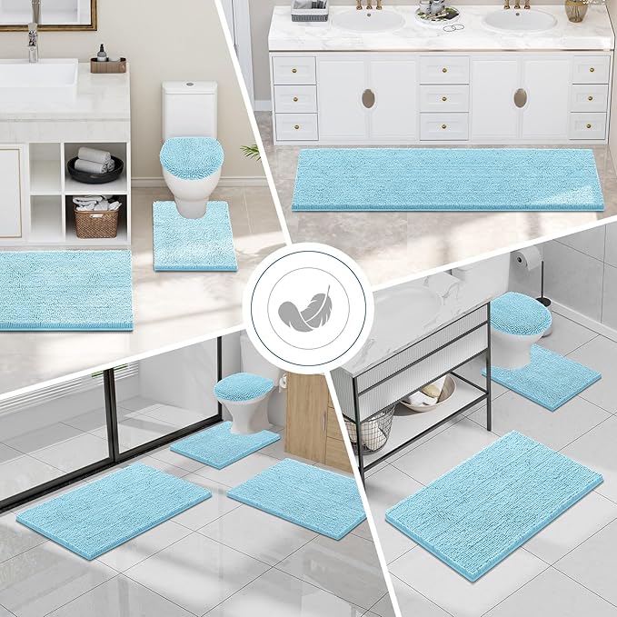 Smiry Luxury Chenille Bathroom Rugs 36x24, Extra Soft and Absorbent Shaggy Bath Mat, Machine Washable, Non-Slip Plush Carpet Runner for Tub, Shower, and Floor, Home Decor Accessories, Sky Blue