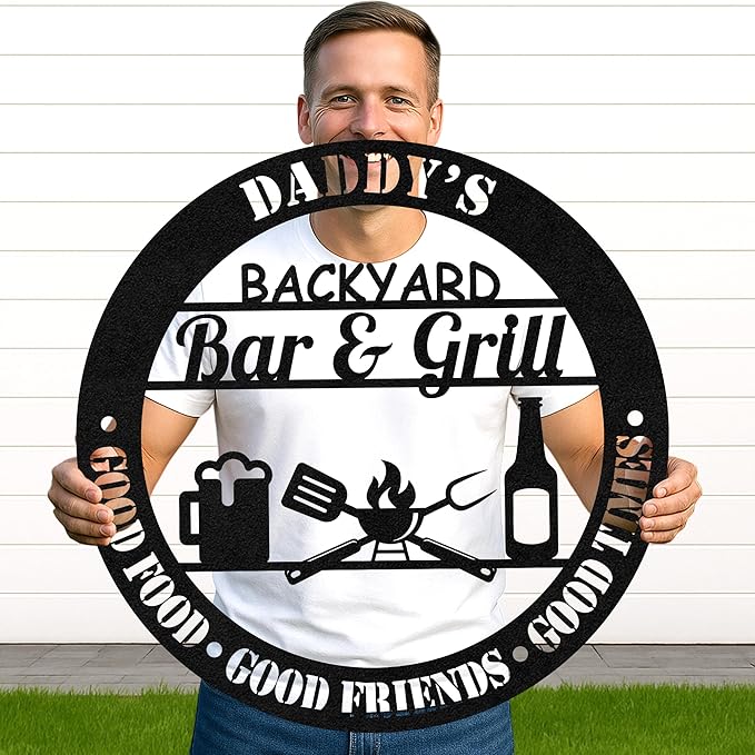 Custom BBQ Gathering Metal Sign, Personalized Grill Name Cut Wall Decor for Outdoor Patio, Rustic Backyard Party Gift