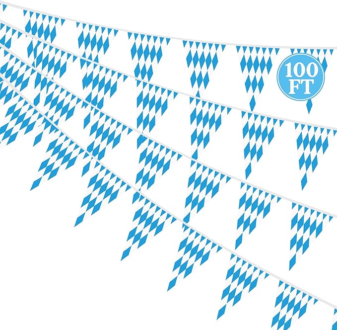 100 FT Oktoberfest Party Decorations, 3 Pack Pre-assemble Pennant Banner Flags, Plastic Blue and White Checkered Hanging Oktoberfest Decor German Bavarian Beer Festival Indoor Outdoor Party Supplies