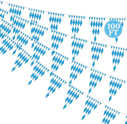 100 FT Oktoberfest Party Decorations, 3 Pack Pre-assemble Pennant Banner Flags, Plastic Blue and White Checkered Hanging Oktoberfest Decor German Bavarian Beer Festival Indoor Outdoor Party Supplies
