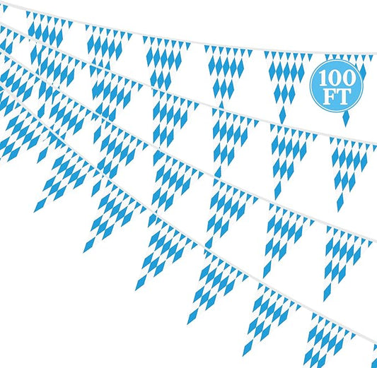 100 FT Oktoberfest Party Decorations, 3 Pack Pre-assemble Pennant Banner Flags, Plastic Blue and White Checkered Hanging Oktoberfest Decor German Bavarian Beer Festival Indoor Outdoor Party Supplies