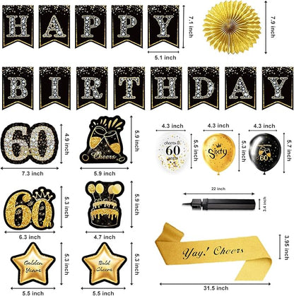 60th Birthday Decorations,39pcs-60th Birthday Decorations for Men & Women,Black Gold 60th Birthday Eyeglasses Decorations Banner Balloons Backdrop Hanging Swirls Paper Fans ,1965 Banner Party Supplies