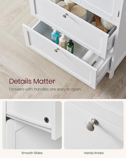 VASAGLE Bathroom Floor Storage Cabinet, Bathroom Storage Unit, Freestanding Cabinet with 2 Drawers and 2 Doors, Adjustable Shelf, 11.8 x 23.6 x 43.3 Inches, White UBBC551WH01S