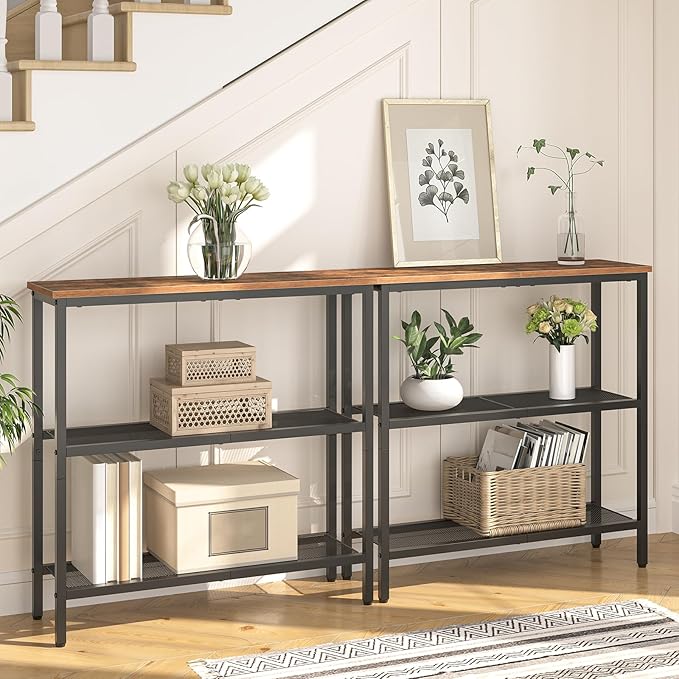 HOOBRO 29.5" Narrow Console Table, Set of 2, Entryway Table with Shelves, Thin Sofa Table, Behind Couch Table, Display Side Table, for Hallway, Entrance, Living Room, Rustic Brown and Black BF73XGP201