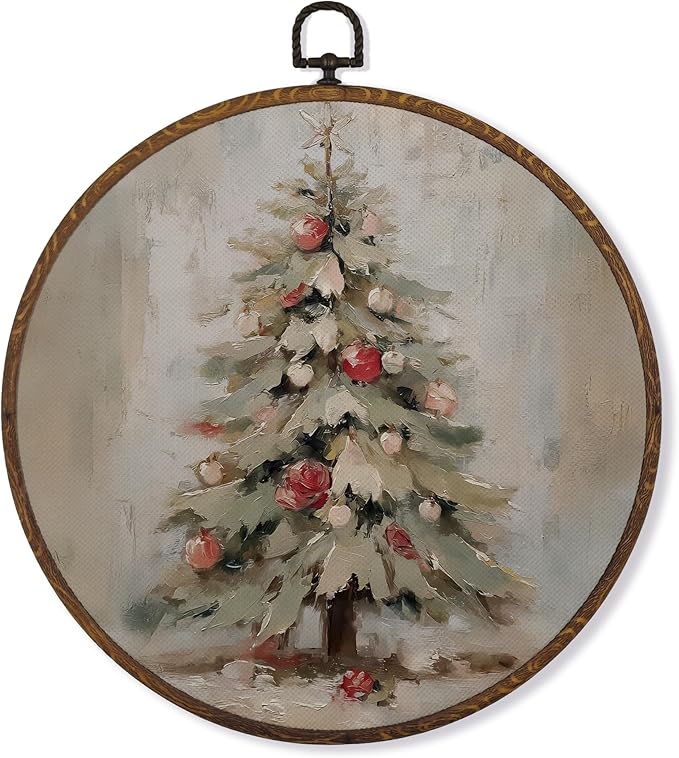 MOTERMATE Vintage Christmas Tree Wall Art Decor Round Framed, Christmas Canvas Wall Art Artwork Prints, Winter Xmas Tree Holiday Hanging Decor Decorations for Home Bedroom Living Room, 10x10 Inch