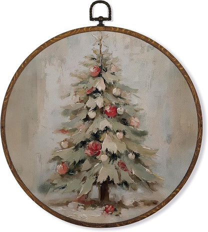 MOTERMATE Vintage Christmas Tree Wall Art Decor Round Framed, Christmas Canvas Wall Art Artwork Prints, Winter Xmas Tree Holiday Hanging Decor Decorations for Home Bedroom Living Room, 10x10 Inch