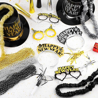Fovths 132 Pieces 2026 New Years Eve Party Supplies Includes Glasses Top Hats Headband Noisemakers Horns Bead Necklaces Plastic Leis New Year Party Favors for Celebration Decoration Gift