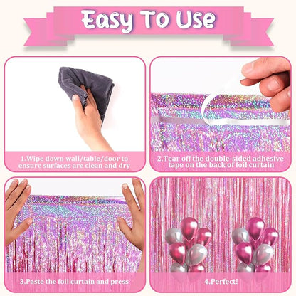 3 Pack 3.3 x 6.6 ft Pink Foil Fringe Backdrop Curtains, Tinsel Streamers Party Decorations, Fringe Backdrop for Birthday, Baby Shower, Gender Reveal, Graduation