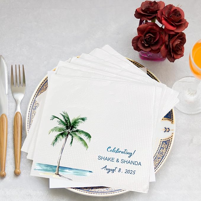 Luxury Custom Cocktail Napkins Wedding, Pack 50 100 150 500 Anniversary Party, Monogram Initials, Rehearsal Dinner Table Decor, Beverage & Luncheon, Saga Green, White Decor Style 4
