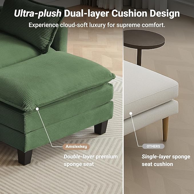Modular Sectional Sofa, 111.5" U-Shaped Corduroy Comfy Sectional Couches for Living Room, 3-Seater Cloud Couches with 2 Movable Ottomans, Flexible Combination Modern Deep Seat Sofa (Green)